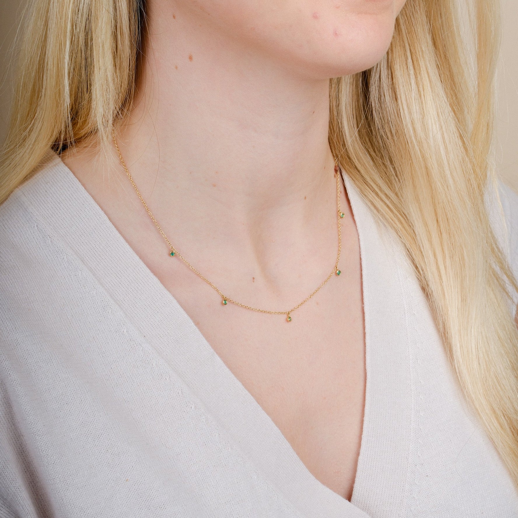 Dainty Gold Necklace with Five Hanging Emeralds