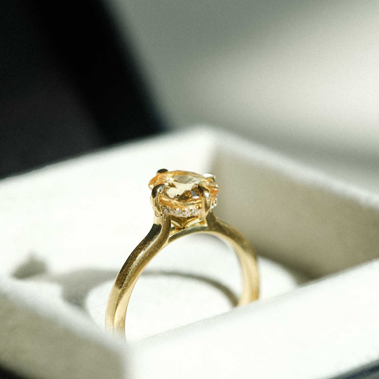 MILA Gold Solitaire Ring with Cushion Peach Sapphire made in recycled gold by ethical jeweller E.C.One London in our B Corp certified workshop