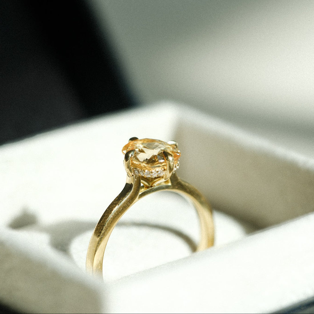 MILA Gold Solitaire Ring with Cushion Peach Sapphire