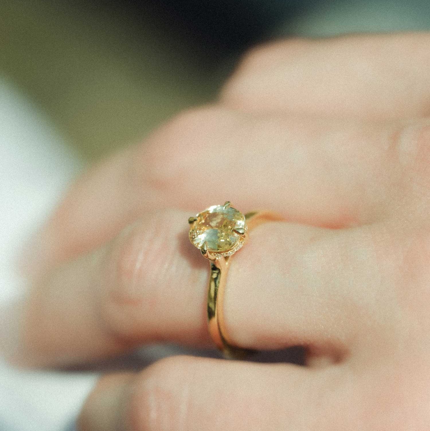 MILA Gold Solitaire Ring with Cushion Peach Sapphire made in recycled gold by ethical jeweller E.C.One London in our B Corp certified workshop