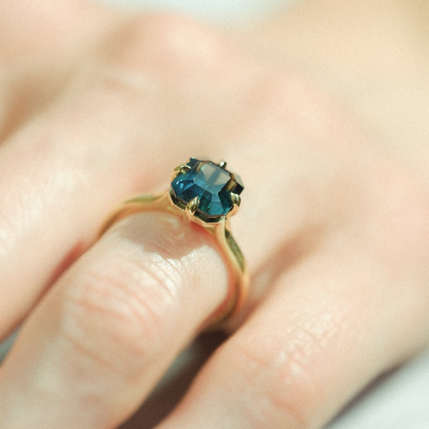 MILA Gold Solitaire Ring with Octagon Teal Sapphire