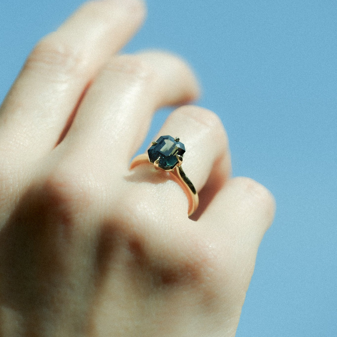 MILA Gold Solitaire Ring with Octagon Teal Sapphire