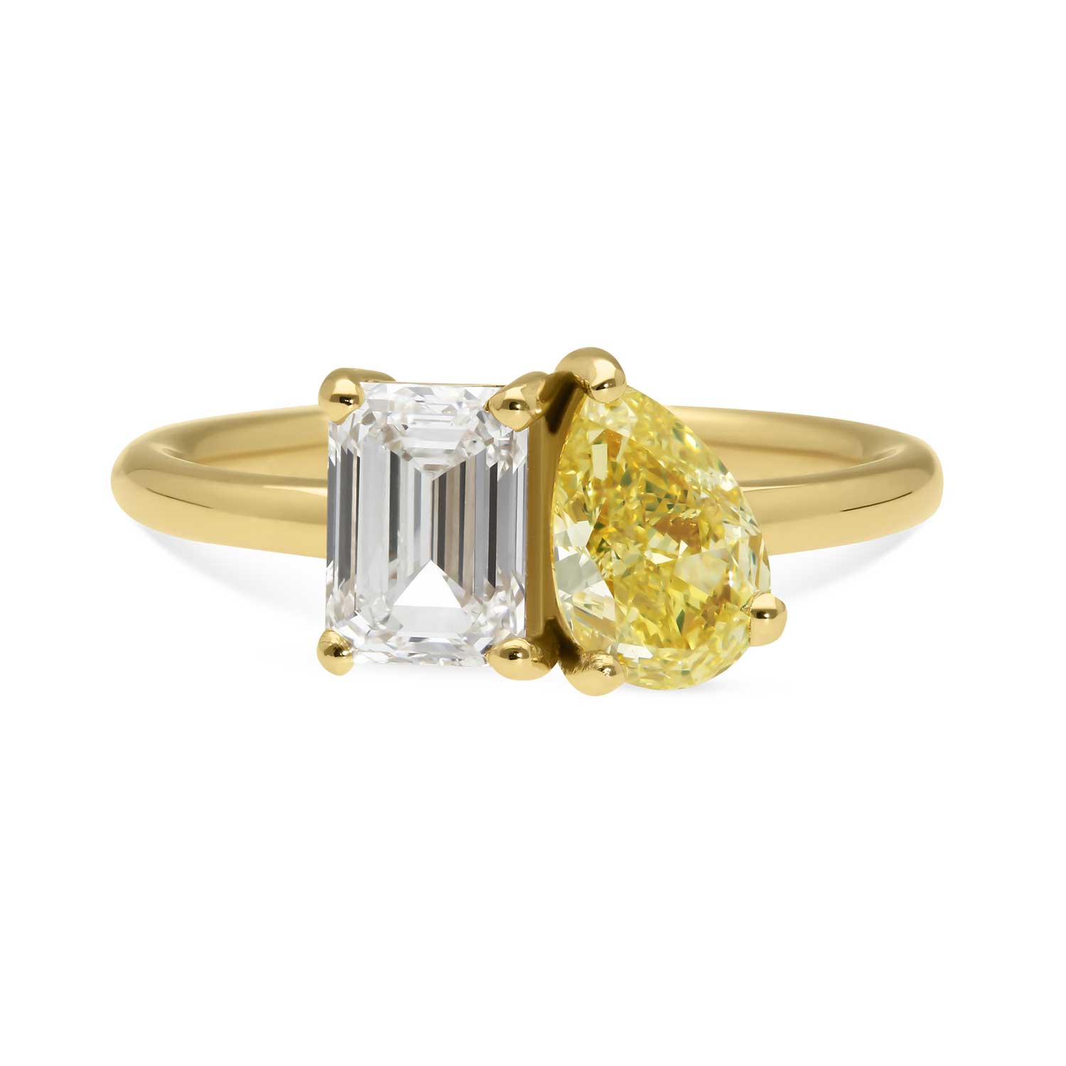 JOSEPHINE Emerald Cut White Diamond & Pear-Shaped Yellow Diamond Engagement Ring by ethical jeweller E.C.One London made in their B Corp certified workshop