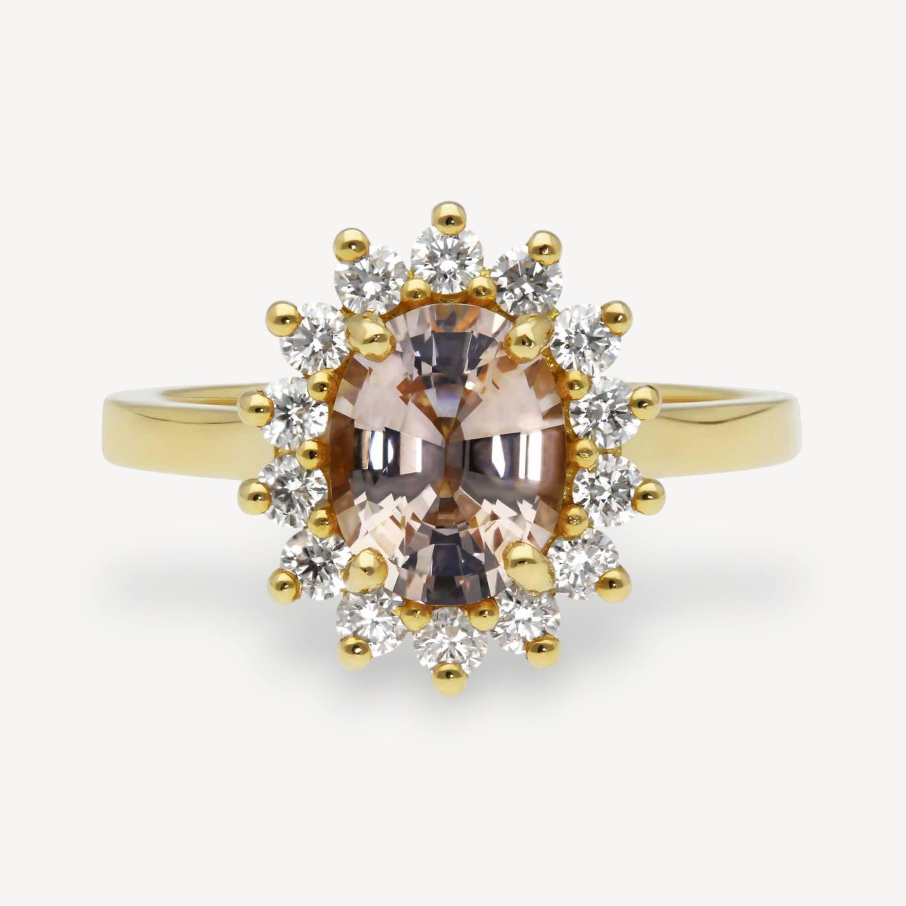 FLORENCE Peach Sapphire and Diamond Cluster Engagement Ring by ethical jeweller E.C.One London made in our B Corp London workshop