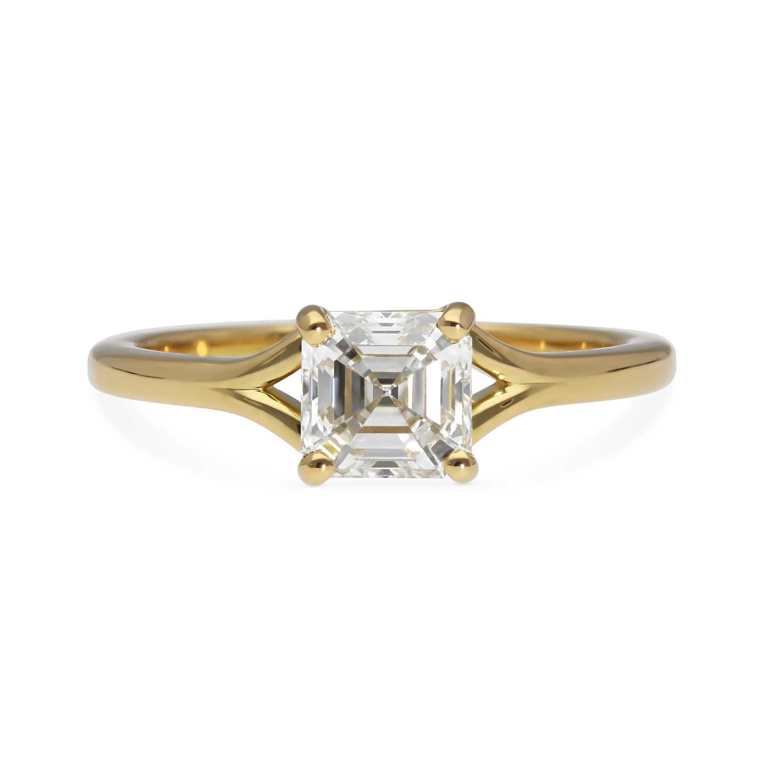 JUNO Gold Solitaire Ring with Asscher Cut White Diamond made in recycled gold by ethical jeweller E.C.One London in our B Corp certified workshop 