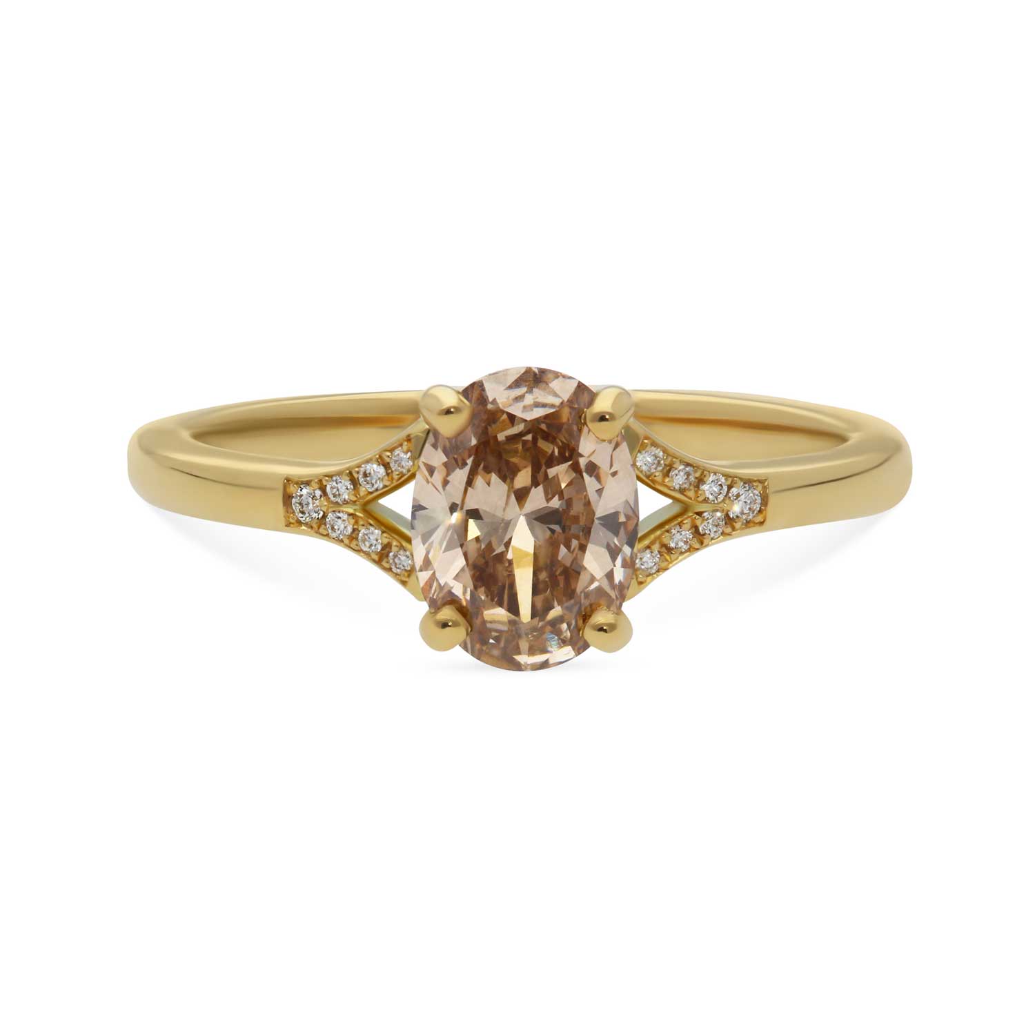 JUNO Gold Solitaire Ring with Oval Brown Diamond and diamond shoulders made in recycled gold by ethical jeweller E.C.One London in our B Corp certified workshop