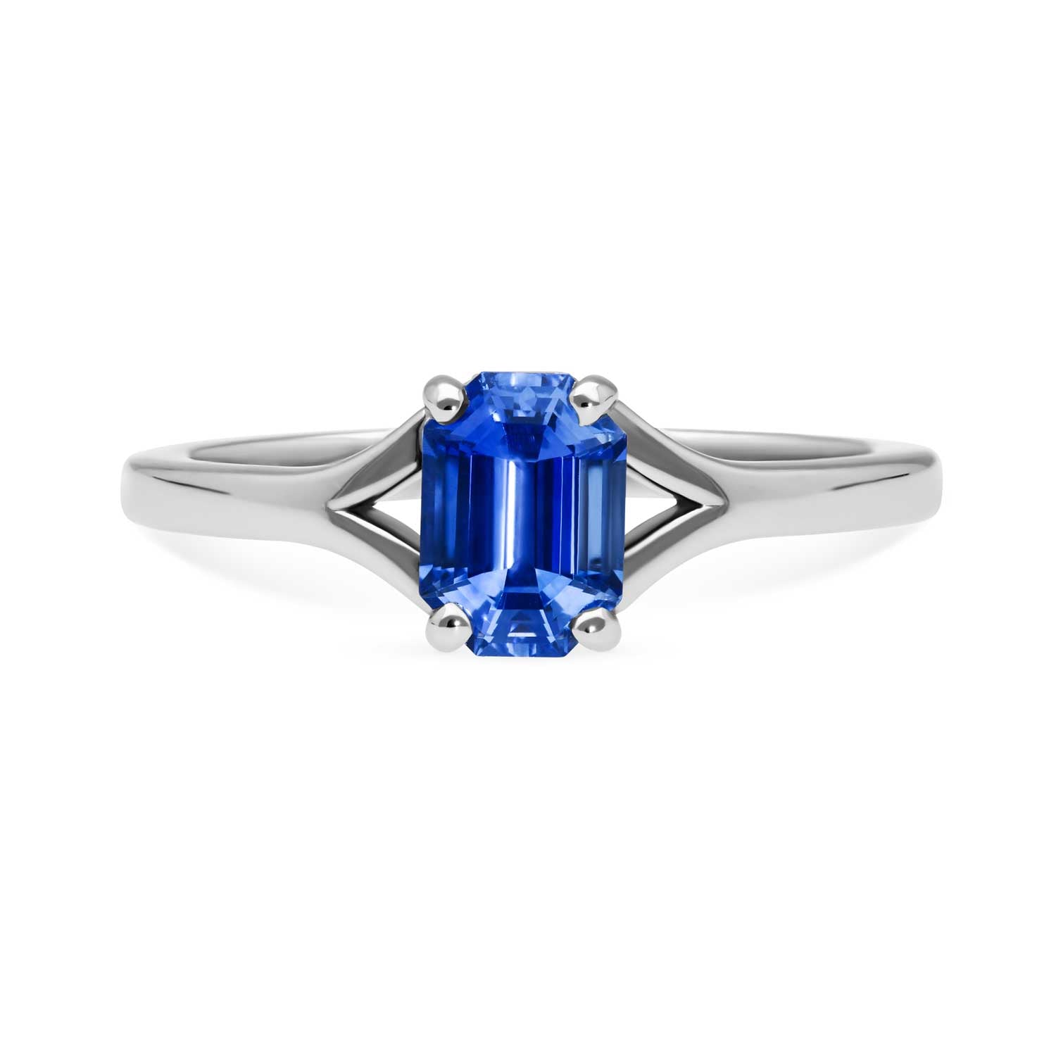 JUNO Platinum Solitaire Ring with Octagon Blue Sapphire by ethical jewellery E.C.One London made in our B Corp certified workshop