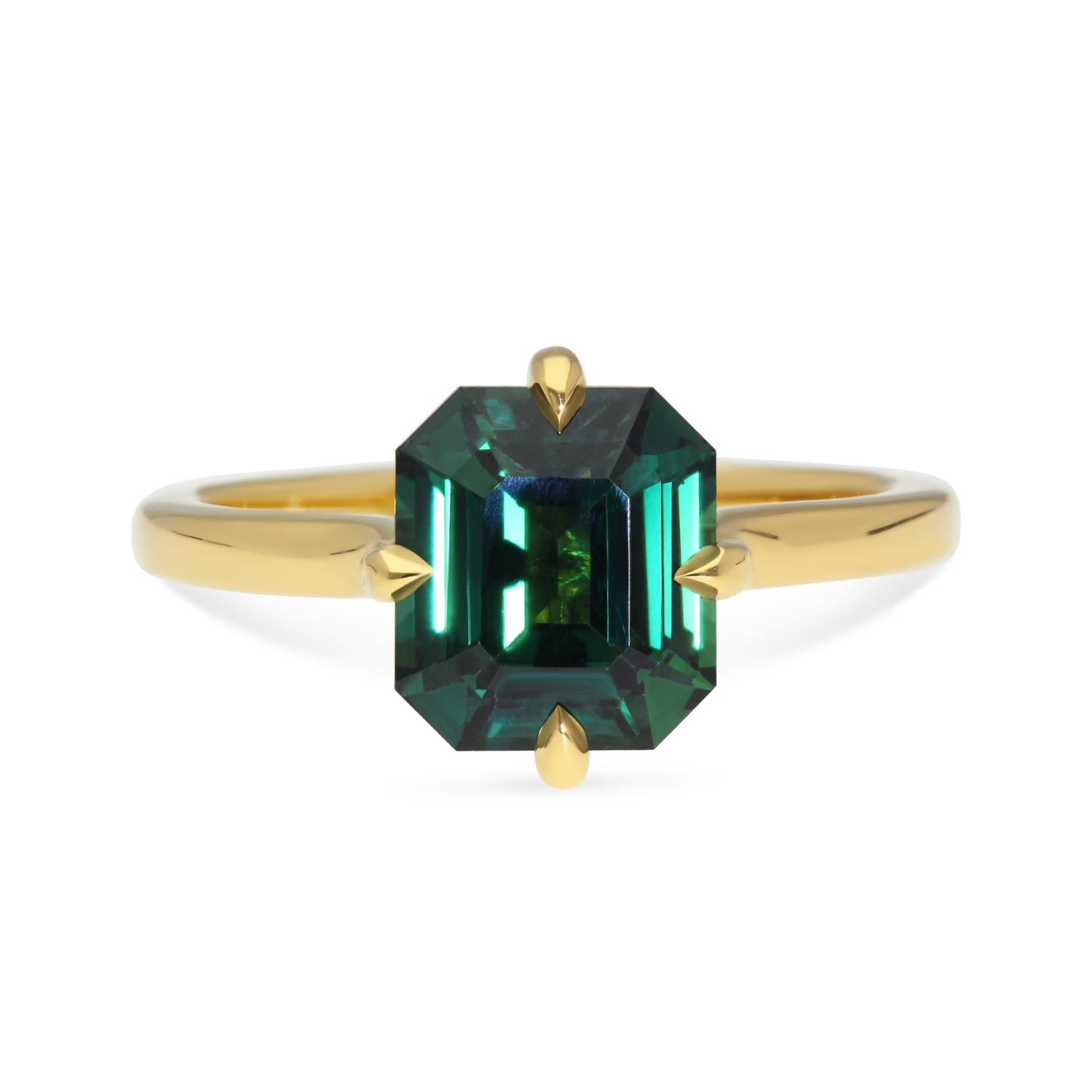 E.C.One MILA ethical teal sapphire engagement ring in recycled gold made in our London B Corp workshop