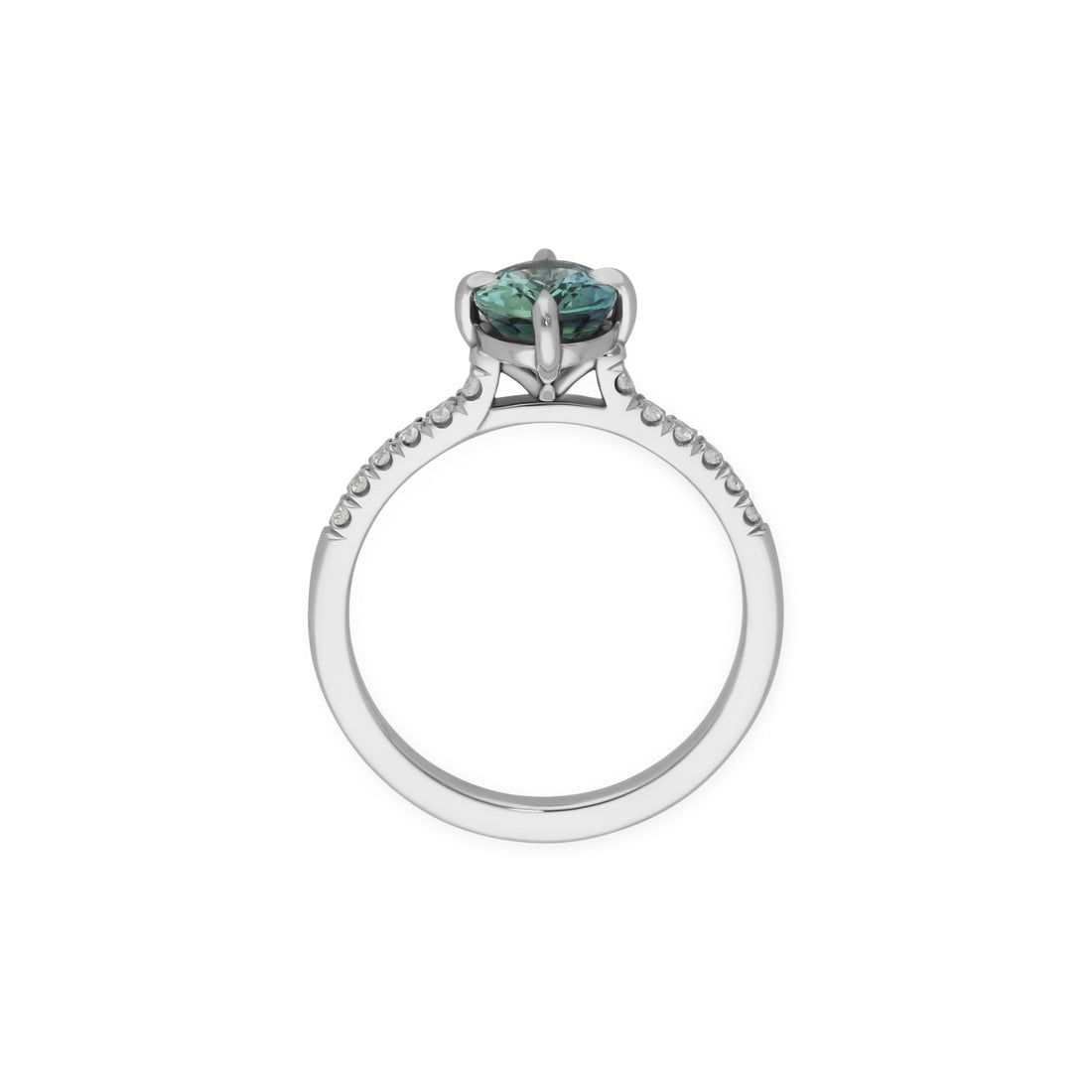 MILA Platinum Solitaire Ring with Oval Teal Sapphire and Diamond Shoulders