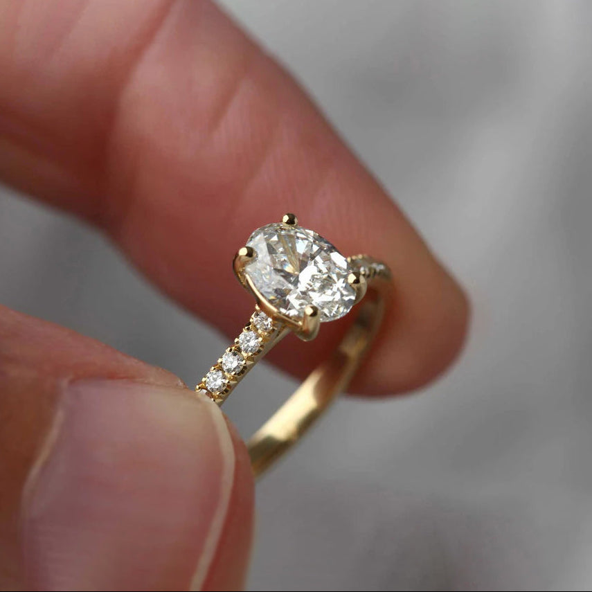 NANCY Oval Diamond Solitaire Ring with Diamond Shoulders
