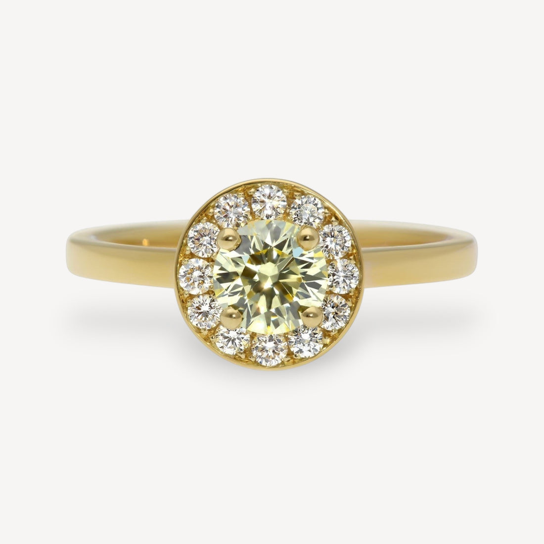 E.C.One London ethical jewellers EMMA Champagne Diamond Yellow Gold Halo Engagement Ring