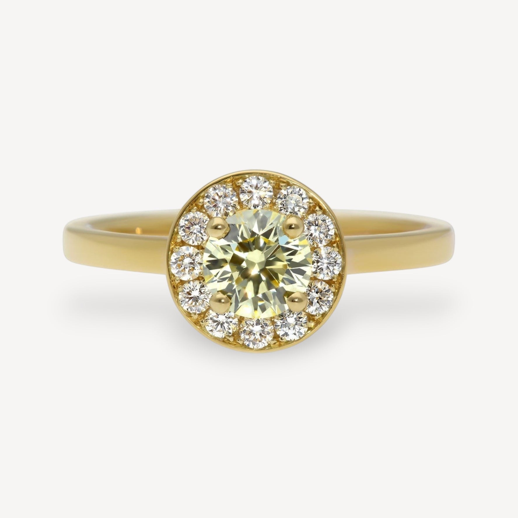 E.C.One London ethical jewellers EMMA Champagne Diamond Yellow Gold Halo Engagement Ring