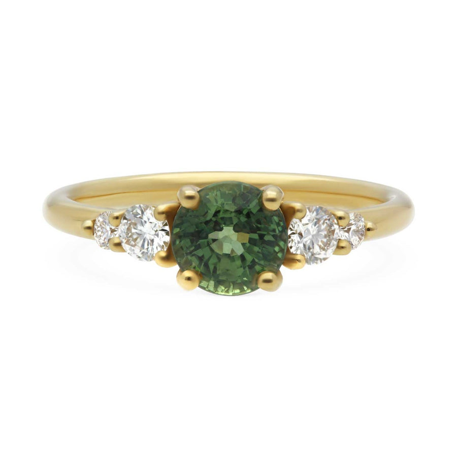 EC One ethically made GENEVIEVE Yellow Gold Round Green Sapphire & Diamond Engagement Ring from our B Corp London Workshop