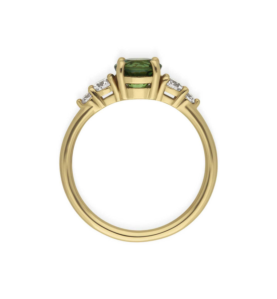 EC One ethically made GENEVIEVE Yellow Gold Round Green Sapphire & Diamond Engagement Ring from our B Corp London Workshop