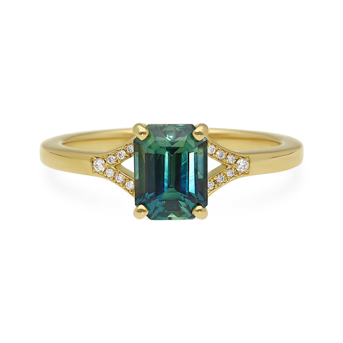 EC.One ethical JUNO Gold Solitaire Ring with Octagon Teal Sapphire & Diamonds made in our onsite London B Corp certified workshop