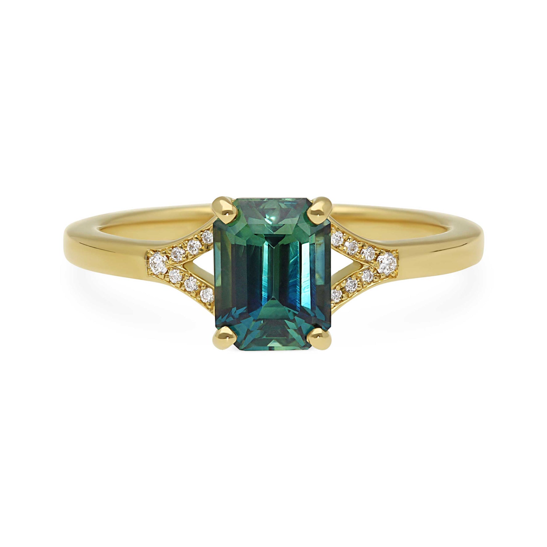 EC.One ethical JUNO Gold Solitaire Ring with Octagon Teal Sapphire & Diamonds made in our onsite London B Corp certified workshop