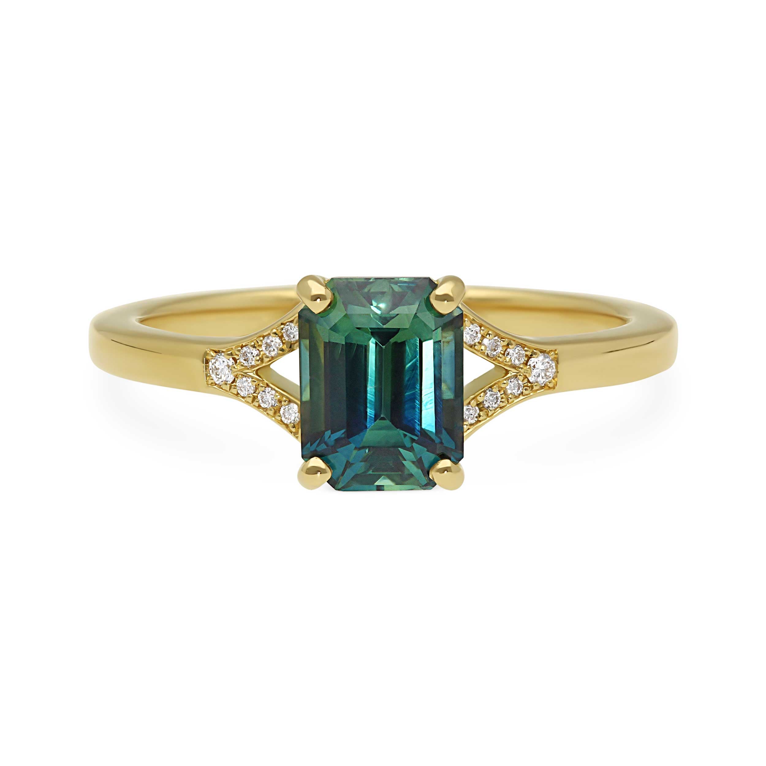 EC.One ethical JUNO Gold Solitaire Ring with Octagon Teal Sapphire & Diamonds made in our onsite London B Corp certified workshop