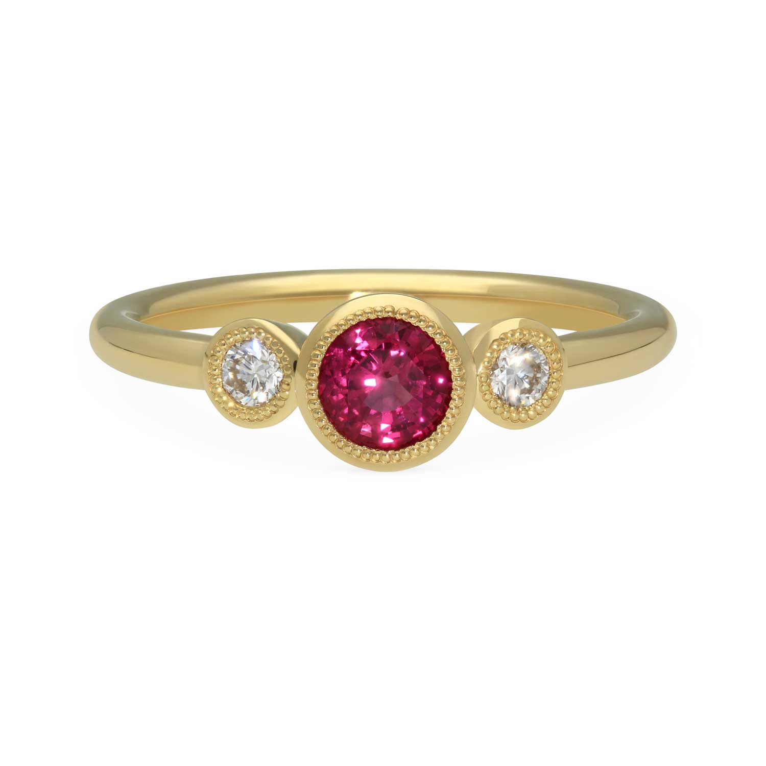E.C.One ethical Nina engagement ring with Thai Rudy and diamond set in recycled yellow gold. Handmade in our onsite London B Corp certified workshop.