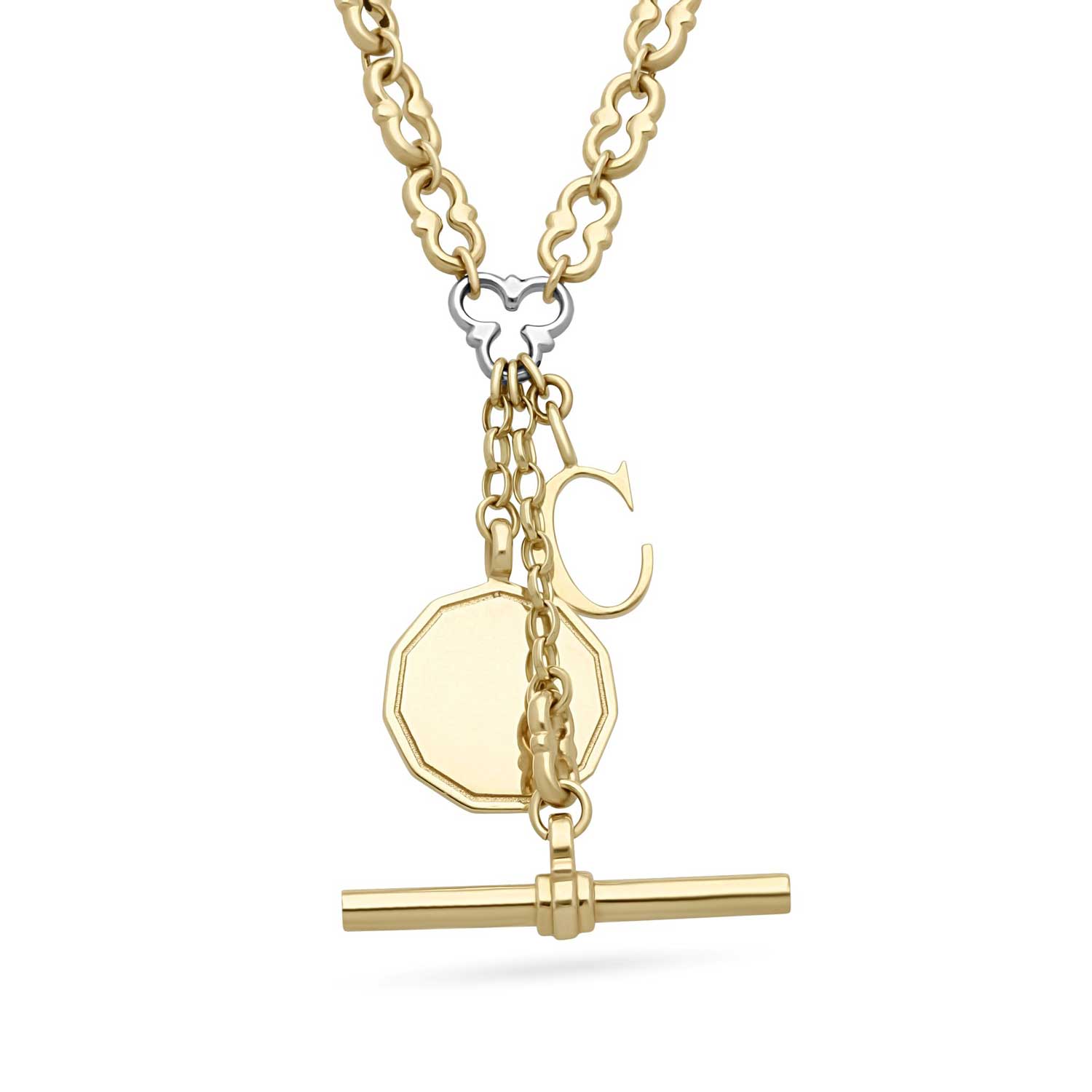 ARLINGTON Necklace Yellow Gold with White Gold Detail, T-Bar & Charms by ethical London B Corp jeweller E.C.One
