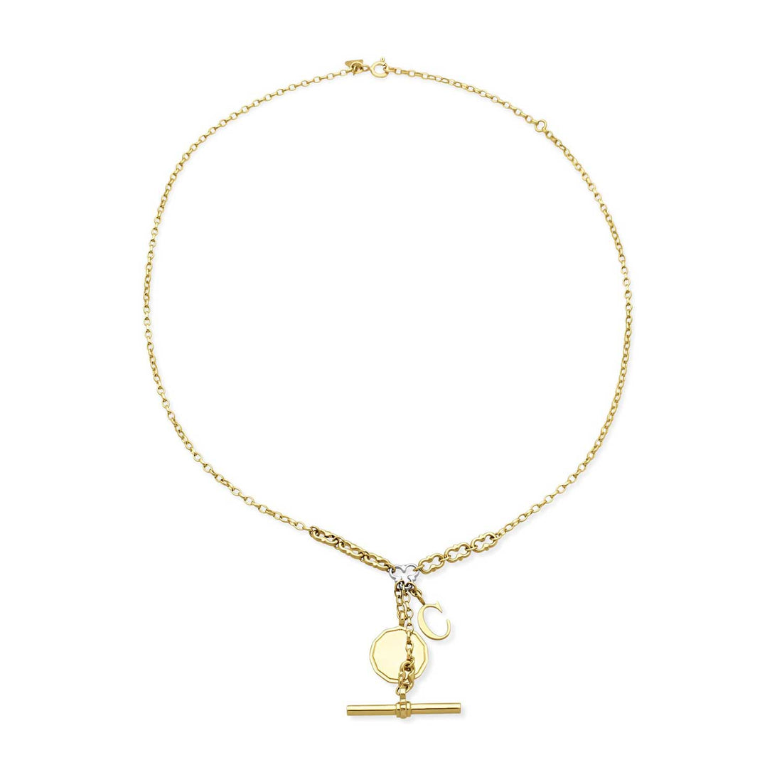 MYDDELTON Necklace Yellow Gold with White Gold Detail, T-Bar & Charms by ethical London B Corp jeweller E.C.One
