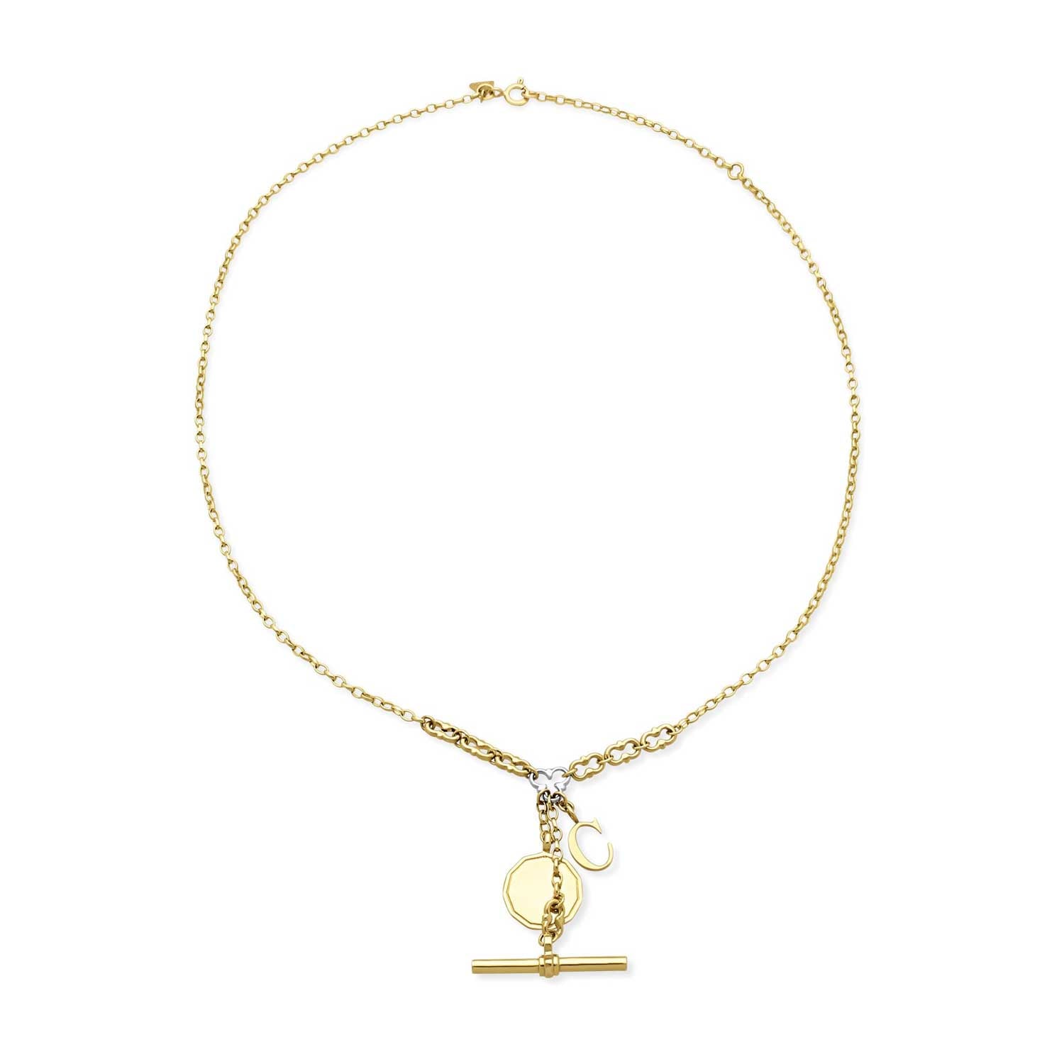 MYDDELTON Necklace Yellow Gold with White Gold Detail, T-Bar & Charms by ethical London B Corp jeweller E.C.One