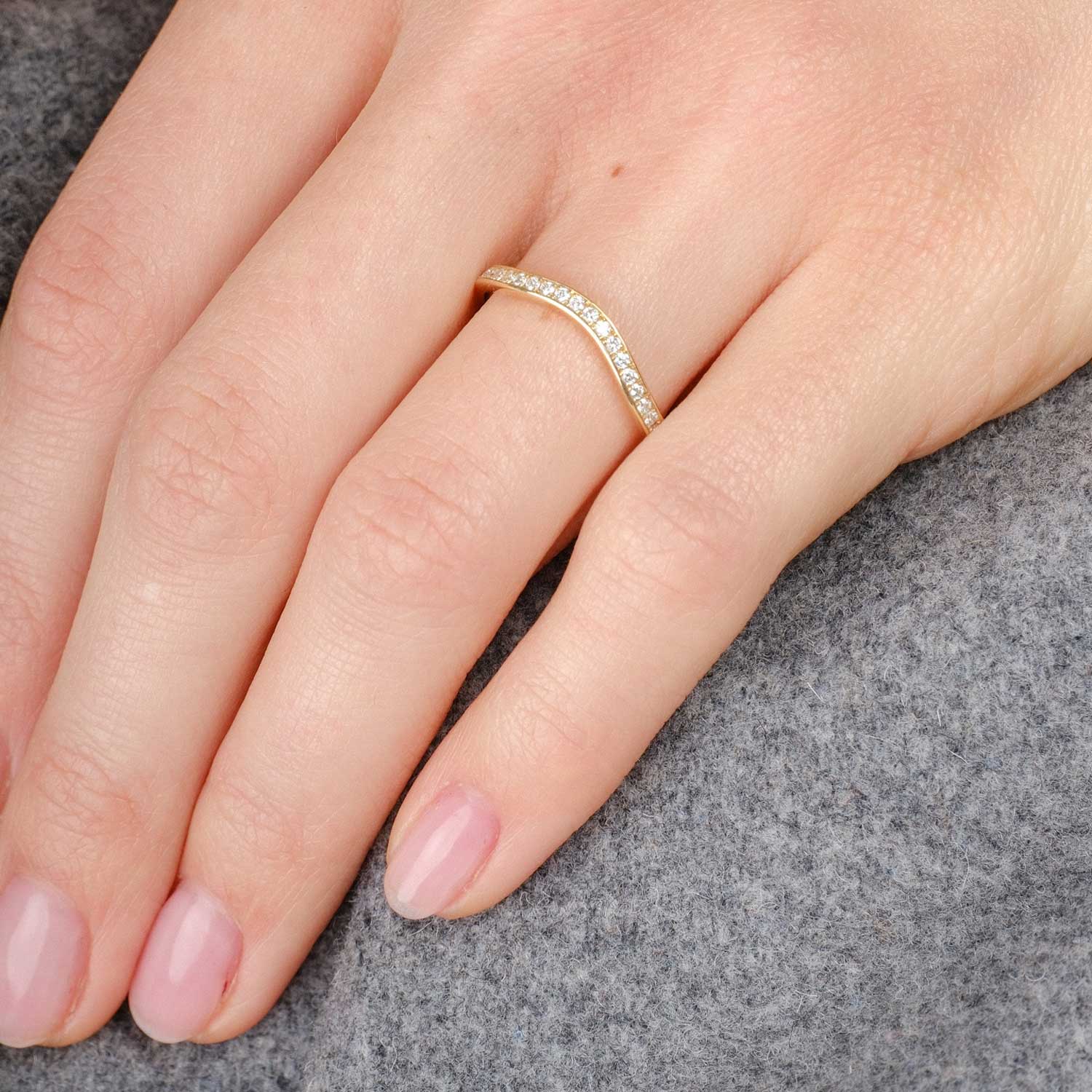 E.C. One ethical Curved pave Diamond Half Eternity Ring Yellow recycled Gold made in our B Corp London workshop