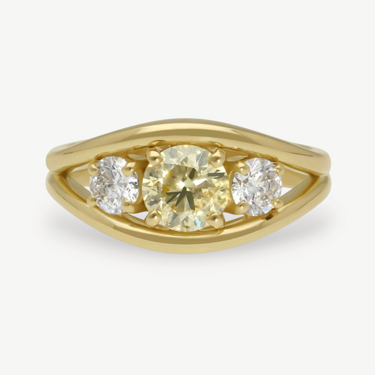EC One Anna trilogy engagement ring in 18ct yellow gold with a central champagne diamond and two white side diamonds