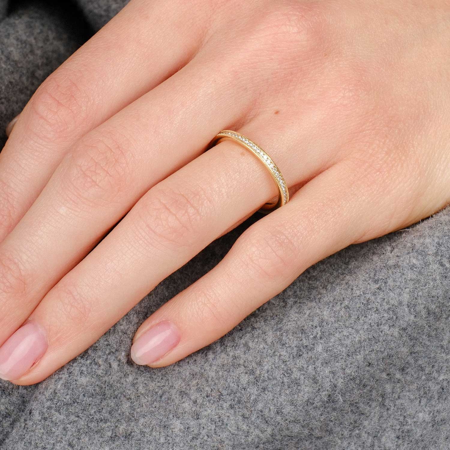 Eternity Ring Slim Channel Set Diamonds with Milgrain Yellow Gold