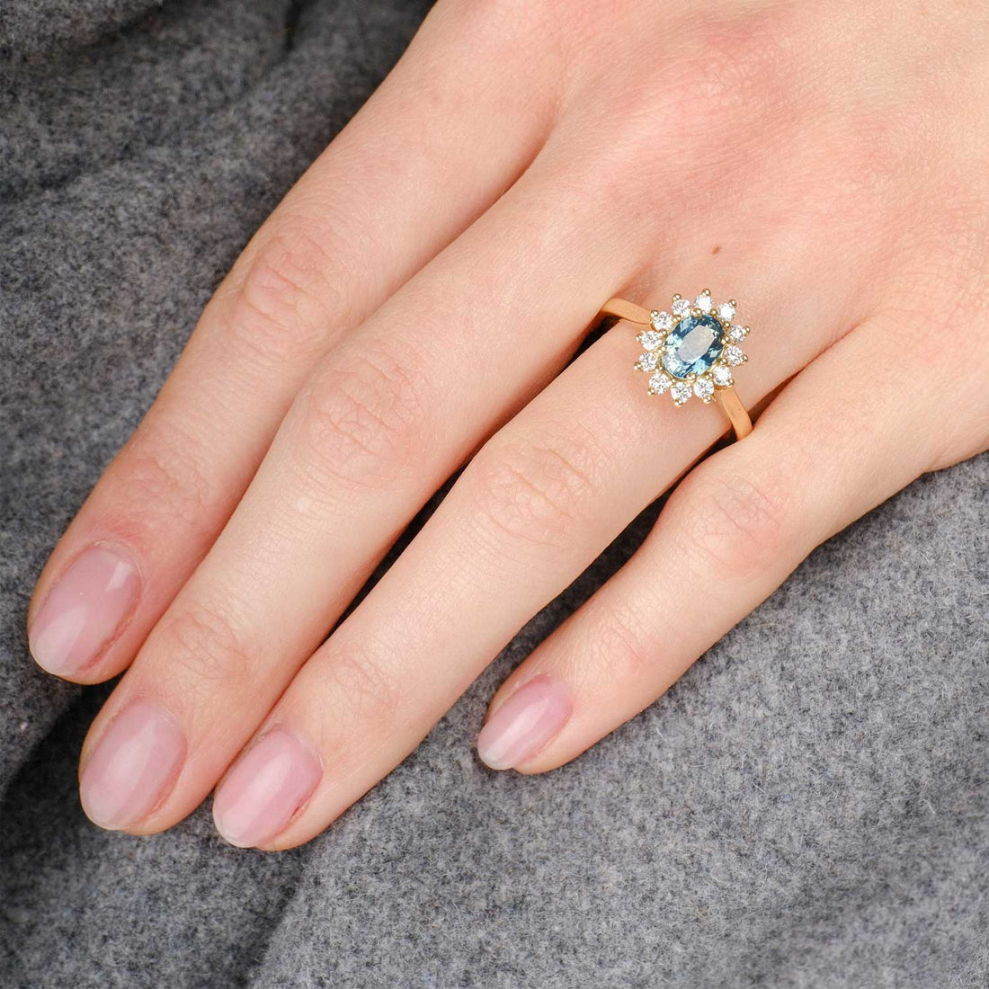 FLORENCE ethical Oval Teal Sapphire and Diamond Cluster Engagement Ring  Made by ethical jeweller E.C.One London in our B Corp certified workshop