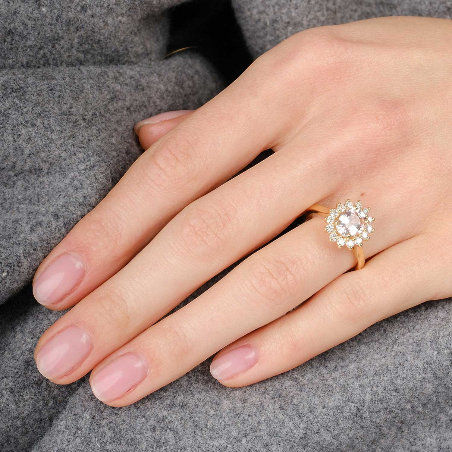 FLORENCE Peach Sapphire and Diamond Cluster Engagement Ring by ethical jeweller E.C.One London made in our B Corp London workshop