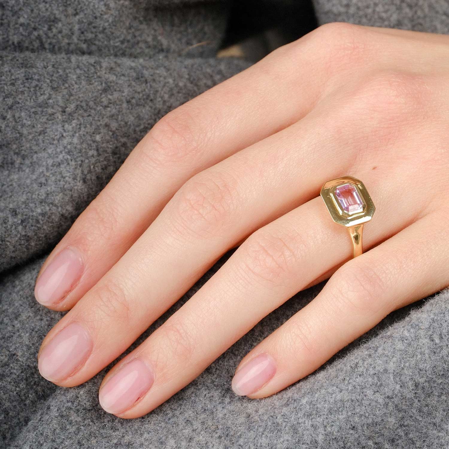 FRAME Gold Octagonal Pink Sapphire Ring by ethical jewellers E.C.One London, made in our B Corp London workshop 