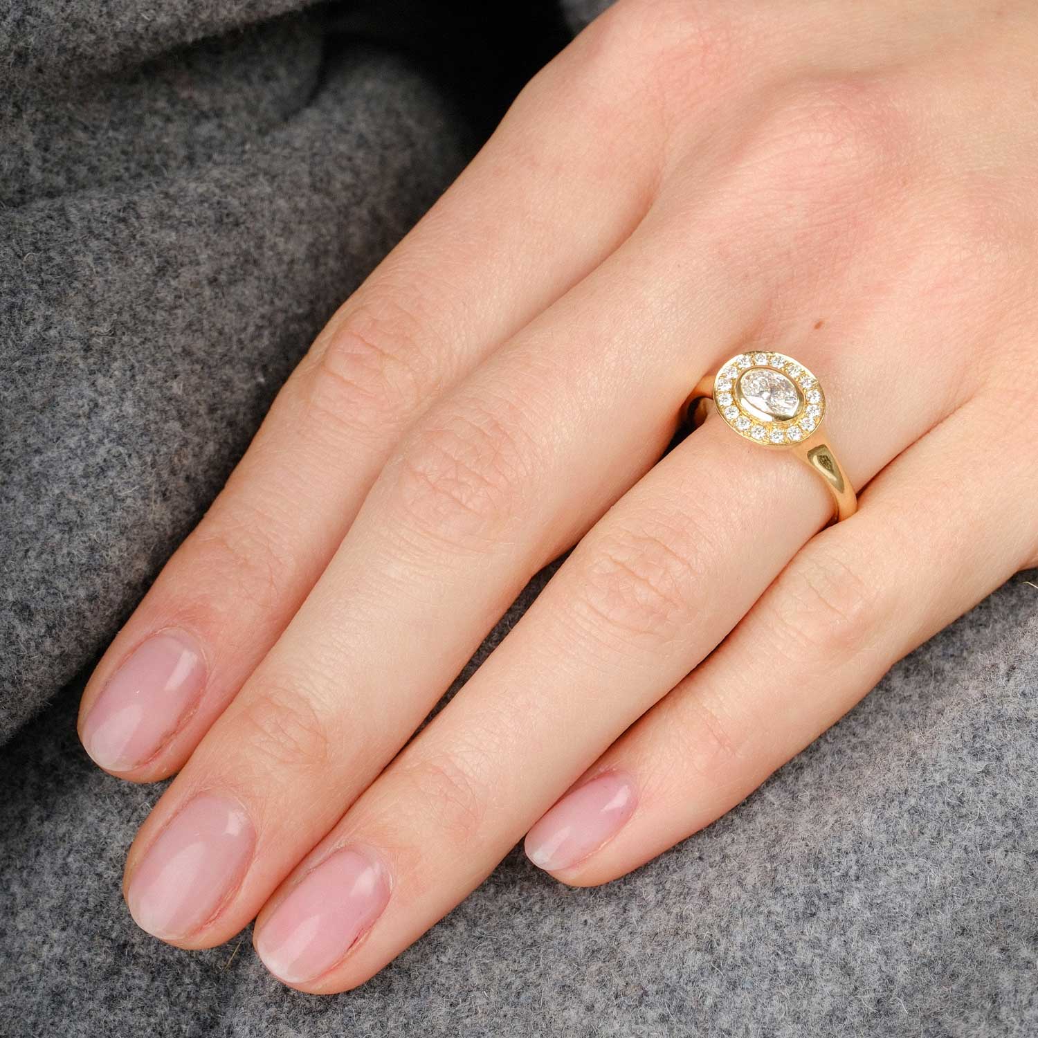 FRAME Oval Diamond Gold Ring with Diamond Halo by ethical jewellers E.C.One London, made in our B Corp London workshop
