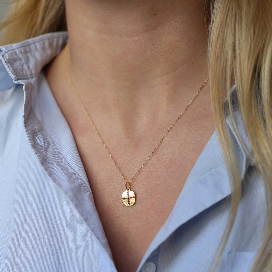Gold Pendant Necklace with Ruby Cross