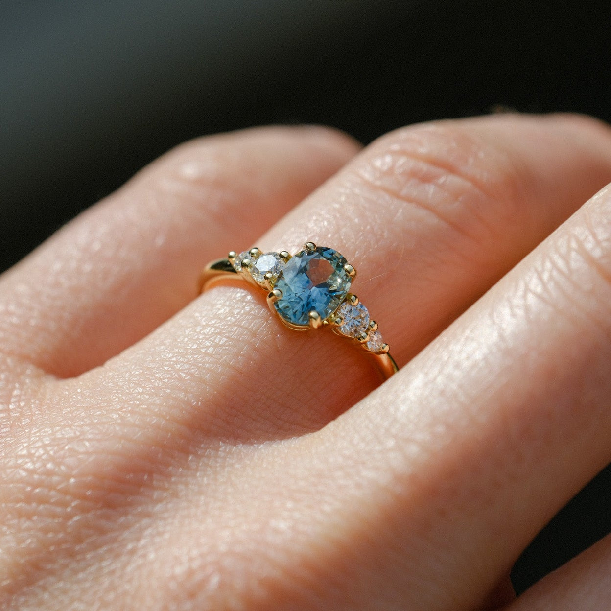 GENEVIEVE Yellow Gold Oval Teal Sapphire & Diamond Engagement Ring