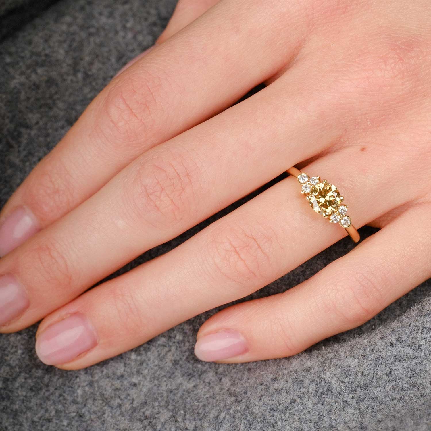 ethical B Corp jeweller E.C.One London HATTY Champagne Diamond Yellow Gold Engagement Ring made in our B Corp London workshop