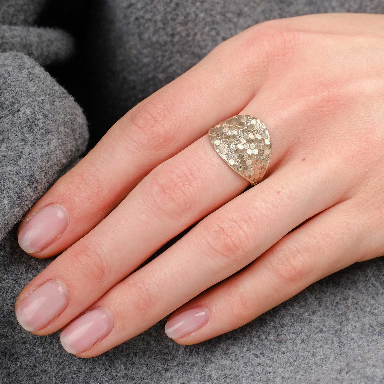 Jo Hayes Ward at E.C.One London  HEX Small Shield Ring Warm White Gold with Brown Diamonds