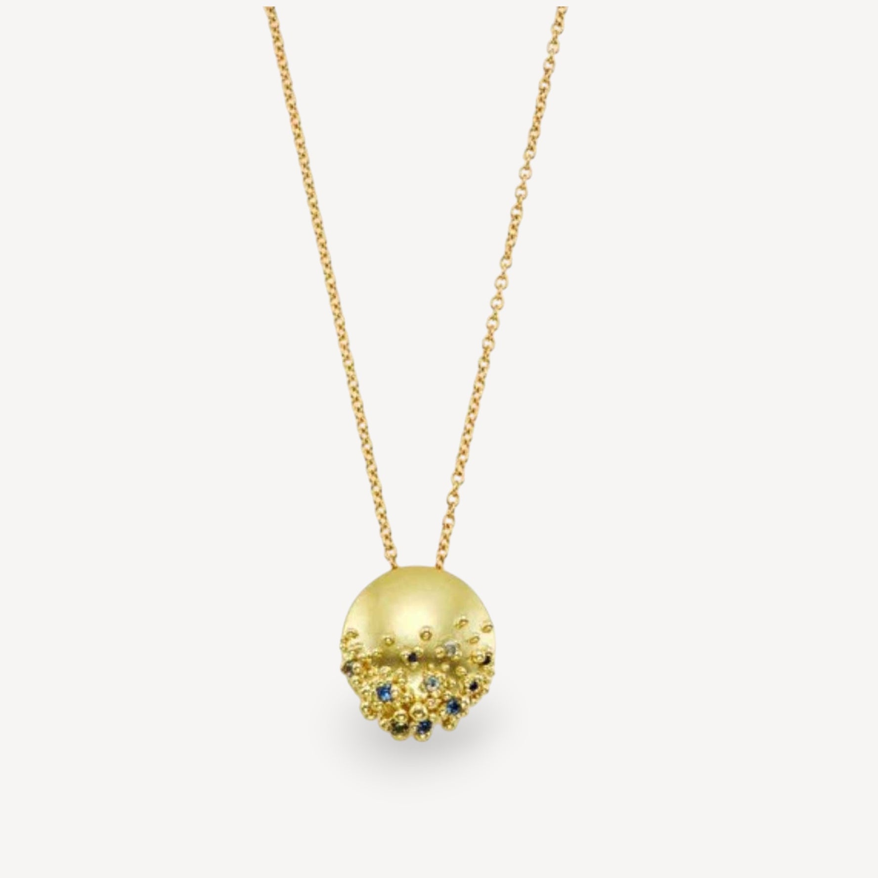 ADORN Blue & Green Sapphire Pendant Necklace Yellow Gold by Hannah Bedford at ethical jeweller E.C.One London
