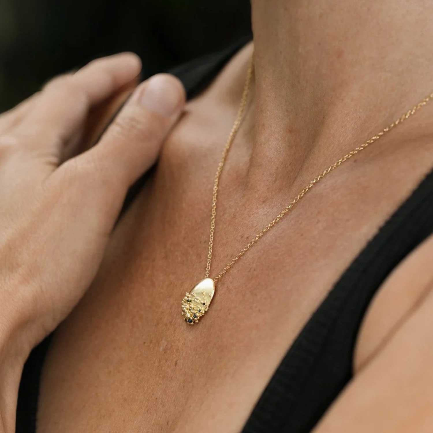 ADORN Blue & Green Sapphire Pendant Necklace Yellow Gold by Hannah Bedford at ethical jeweller E.C.One London