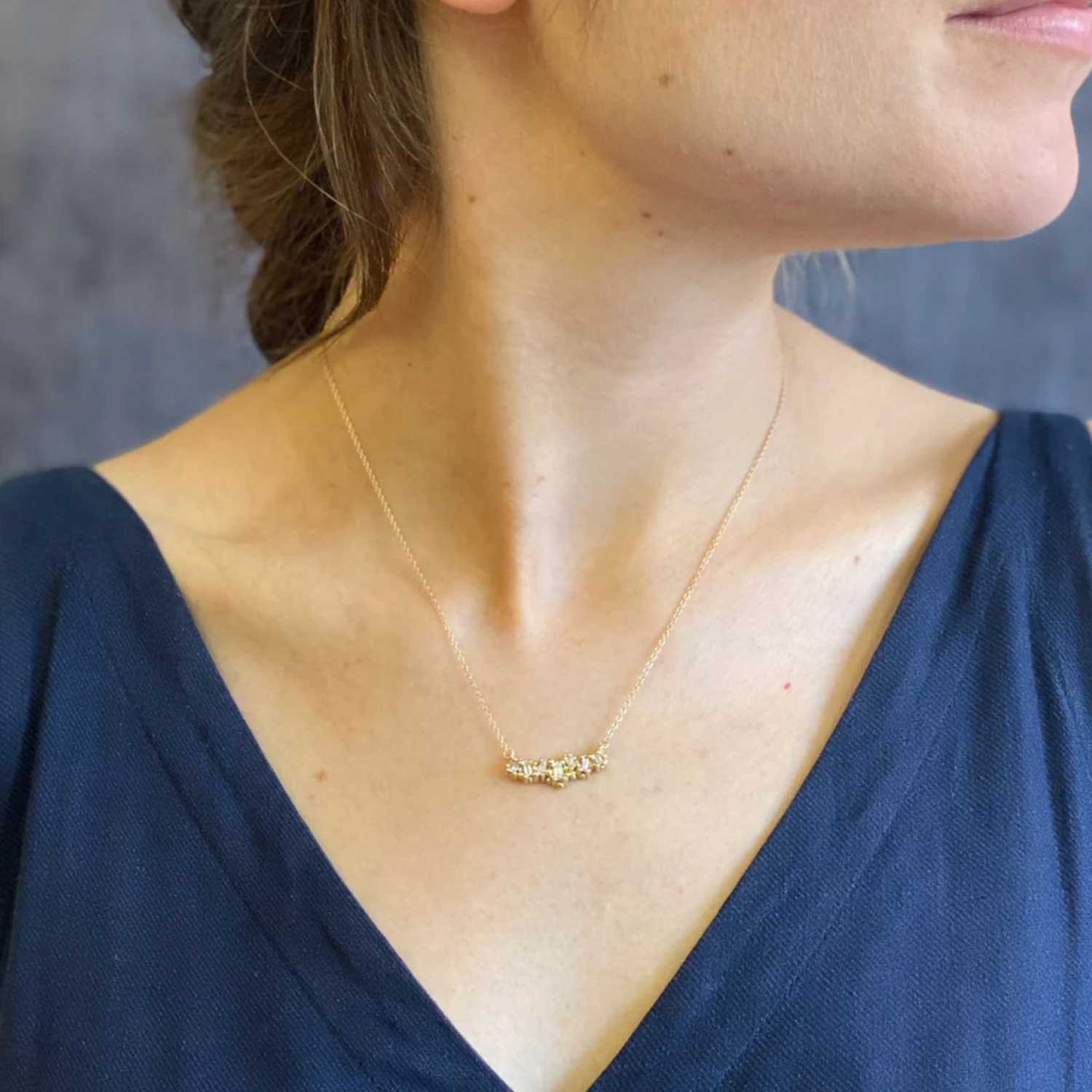 Baguette Diamond Necklace in Yellow Gold by Hannah Bedford at ethical jeweller E.C.One London