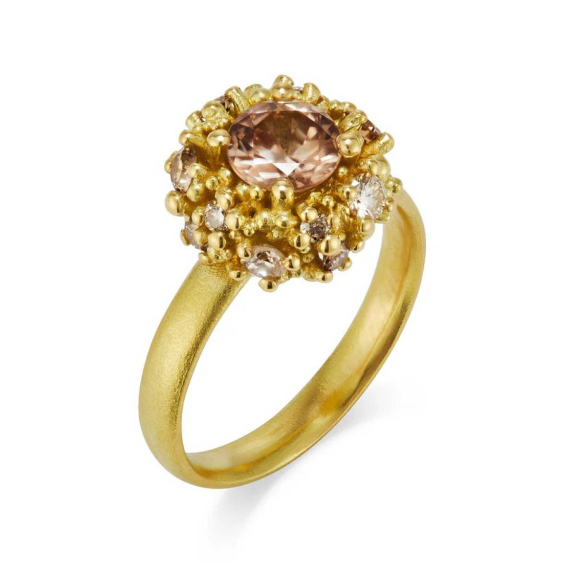 Peach Zircon and Champagne Diamond Bombe Gold Ring by Hannah Bedford at ethical jeweller E.C.One London