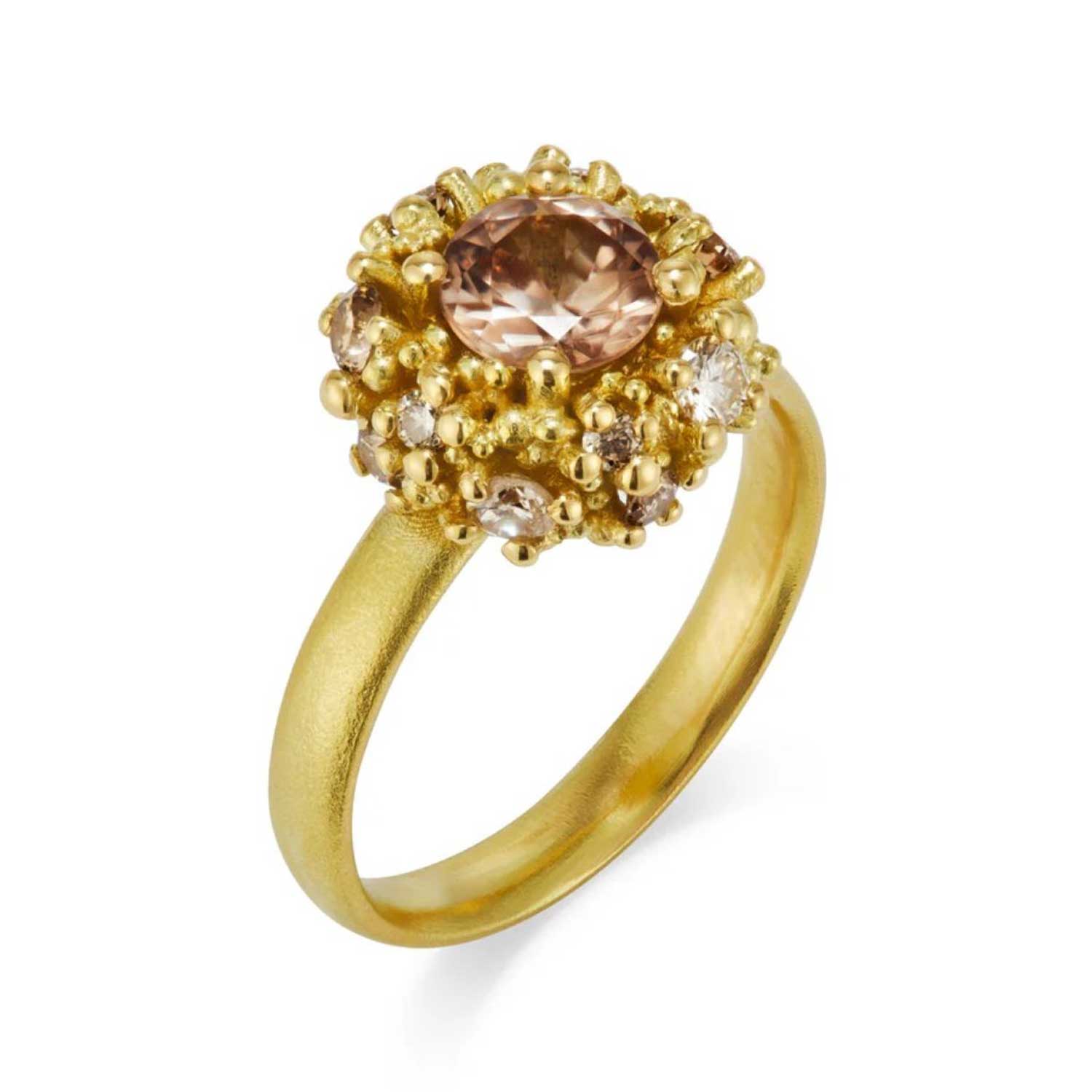 Peach Zircon and Champagne Diamond Bombe Gold Ring by Hannah Bedford at ethical jeweller E.C.One London