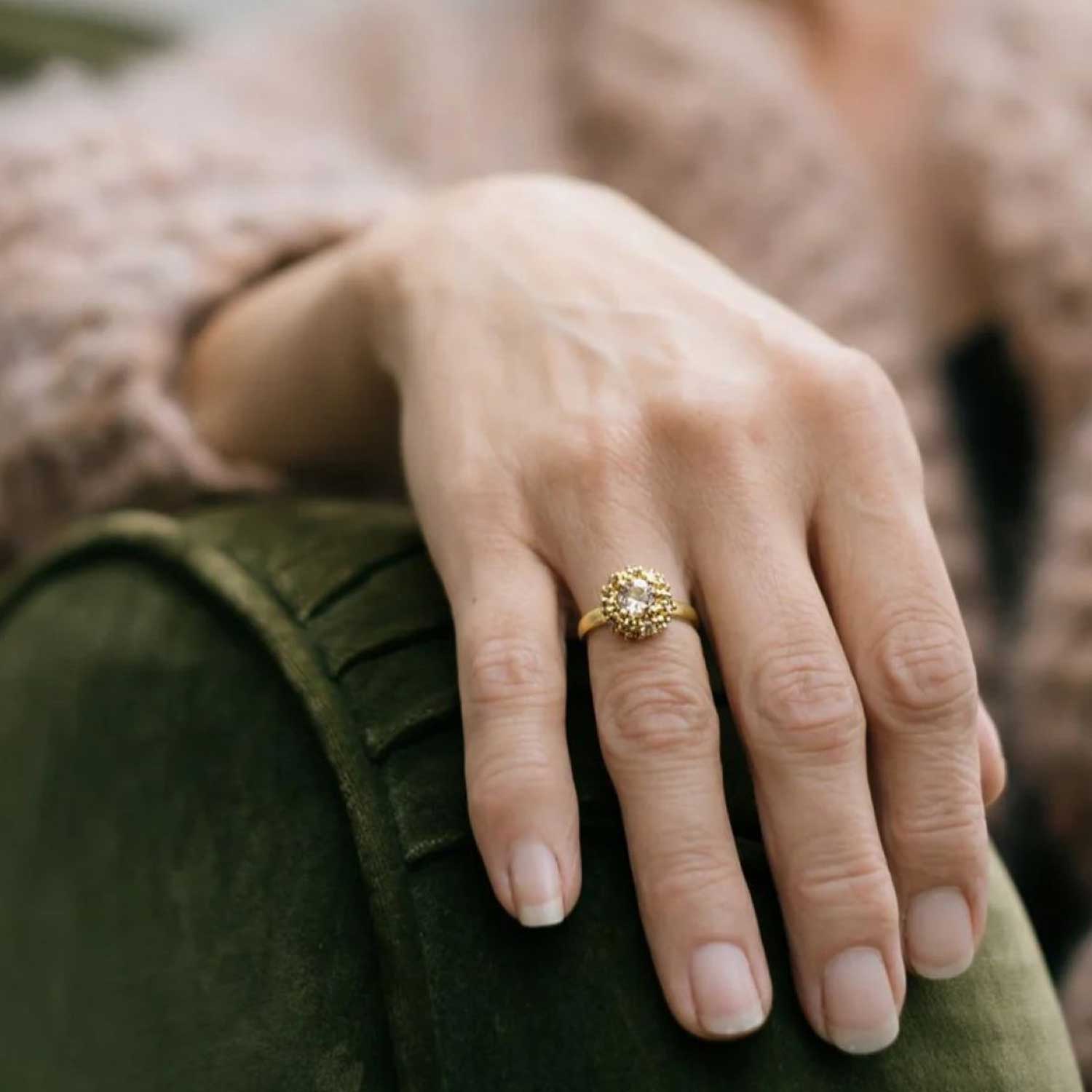 Peach Zircon and Champagne Diamond Bombe Gold Ring by Hannah Bedford at ethical jeweller E.C.One London