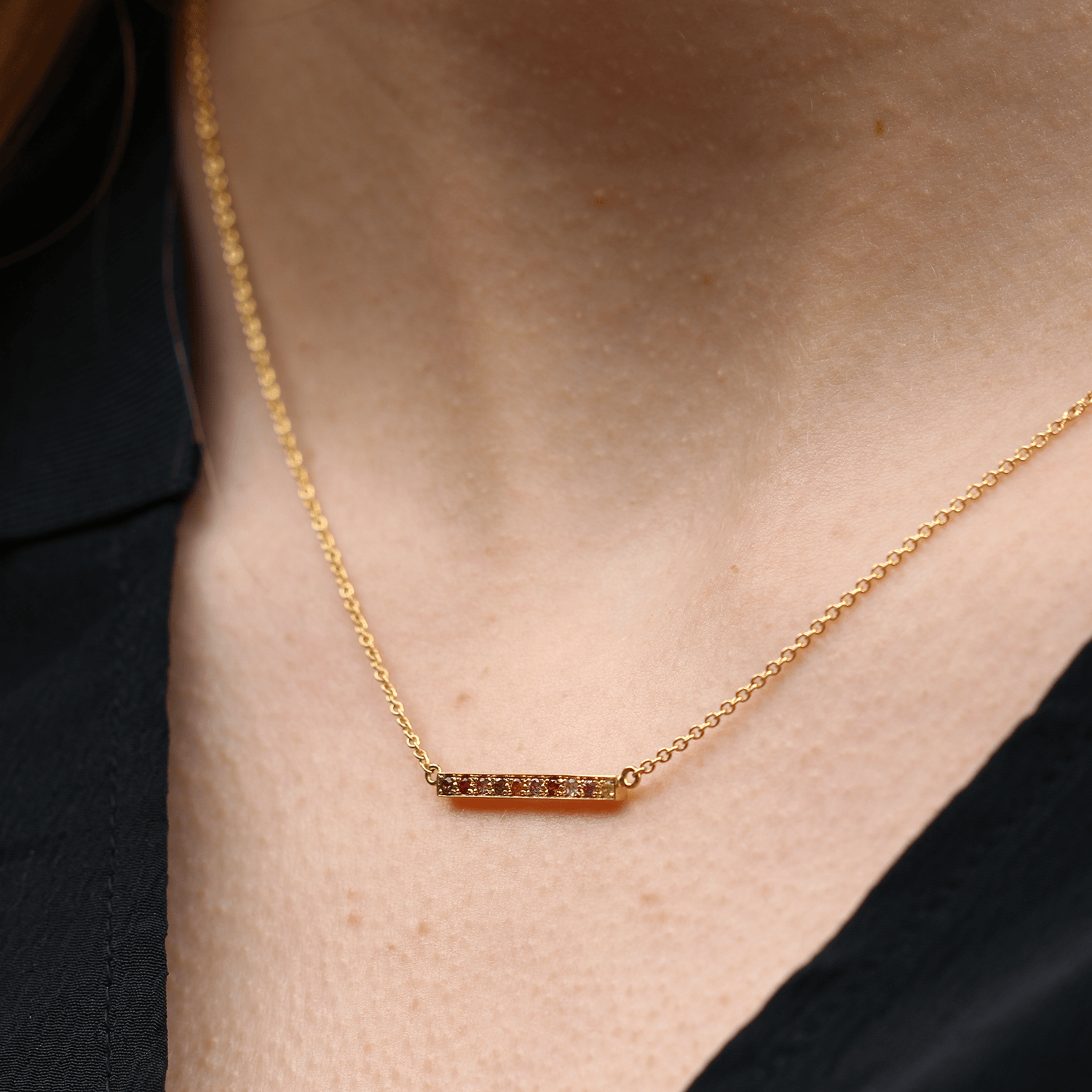 Long "Kaleidoscope" Gold Bar Necklace in Mixed Pink & Red Gemstones