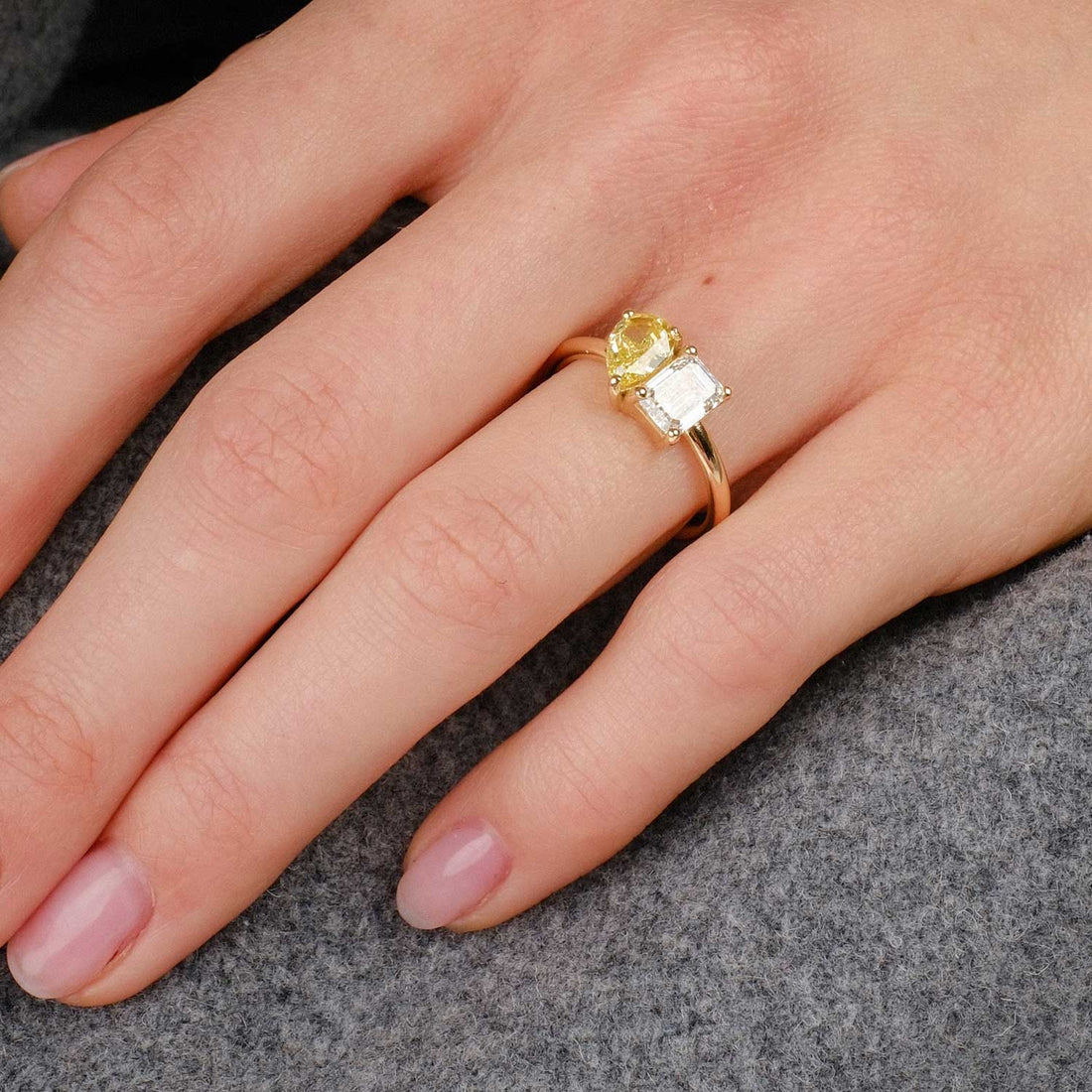JOSEPHINE Emerald Cut White Diamond & Pear-Shaped Yellow Diamond Engagement Ring