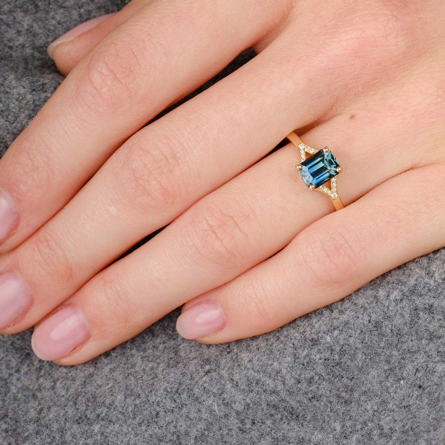 EC.One ethical JUNO Gold Solitaire Ring with Octagon Teal Sapphire & Diamonds made in our onsite London B Corp certified workshop