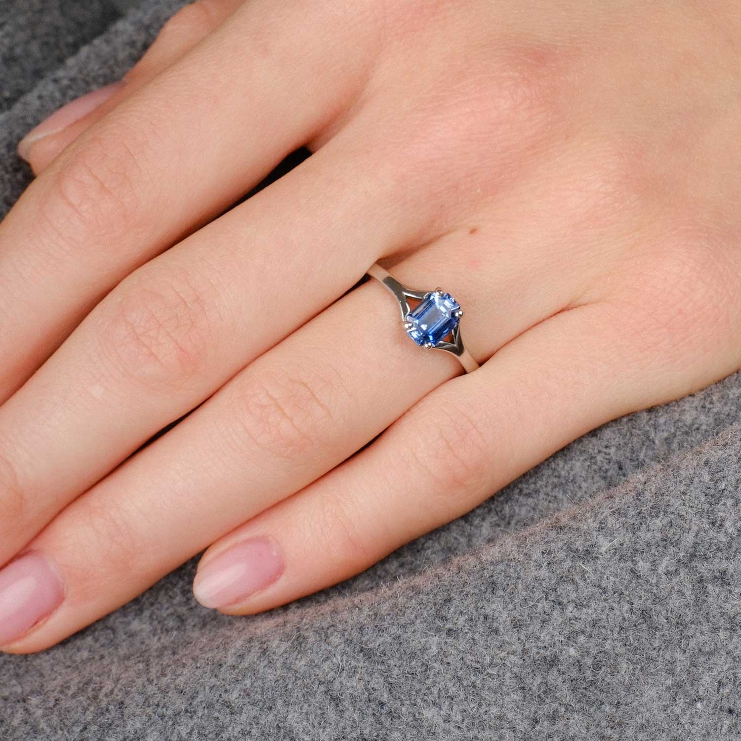 JUNO Platinum Solitaire Ring with Octagon Blue Sapphire by ethical jewellery E.C.One London made in our B Corp certified workshop