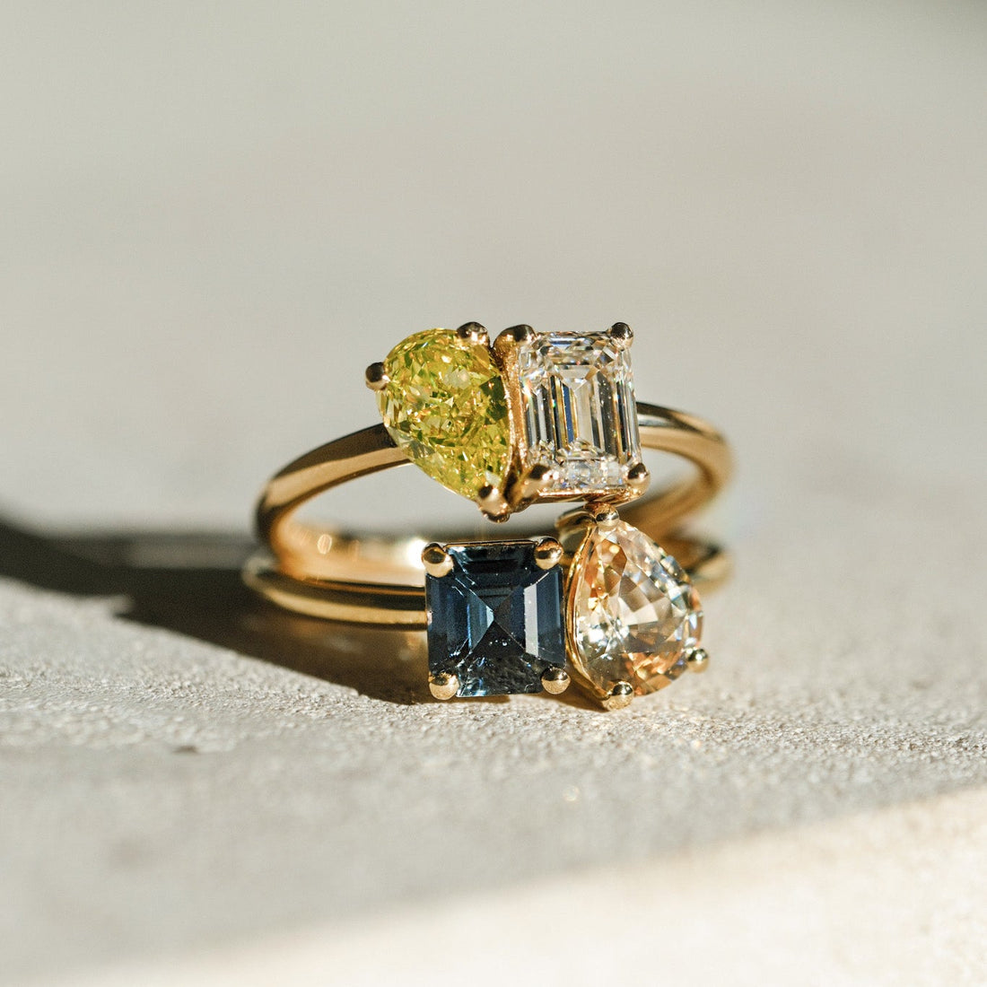 JOSEPHINE Emerald Cut White Diamond & Pear-Shaped Yellow Diamond Engagement Ring