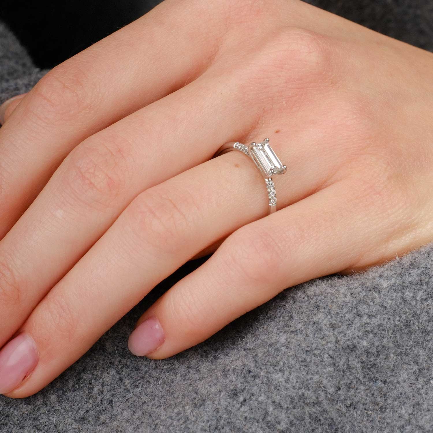 E.C. One LOIS Platinum Baguette Diamond ethical Engagement Ring handmade in our London B Corp workshop