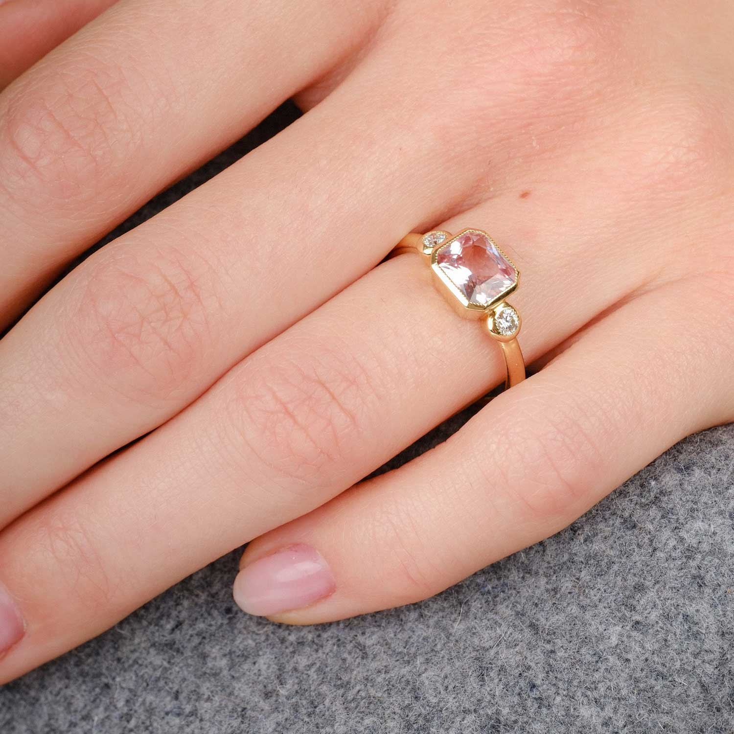 LOTTIE Milgrain Peach Sapphire Diamond Engagement Ring made by ethical jeweller E.C.One in our B Corp London workshop