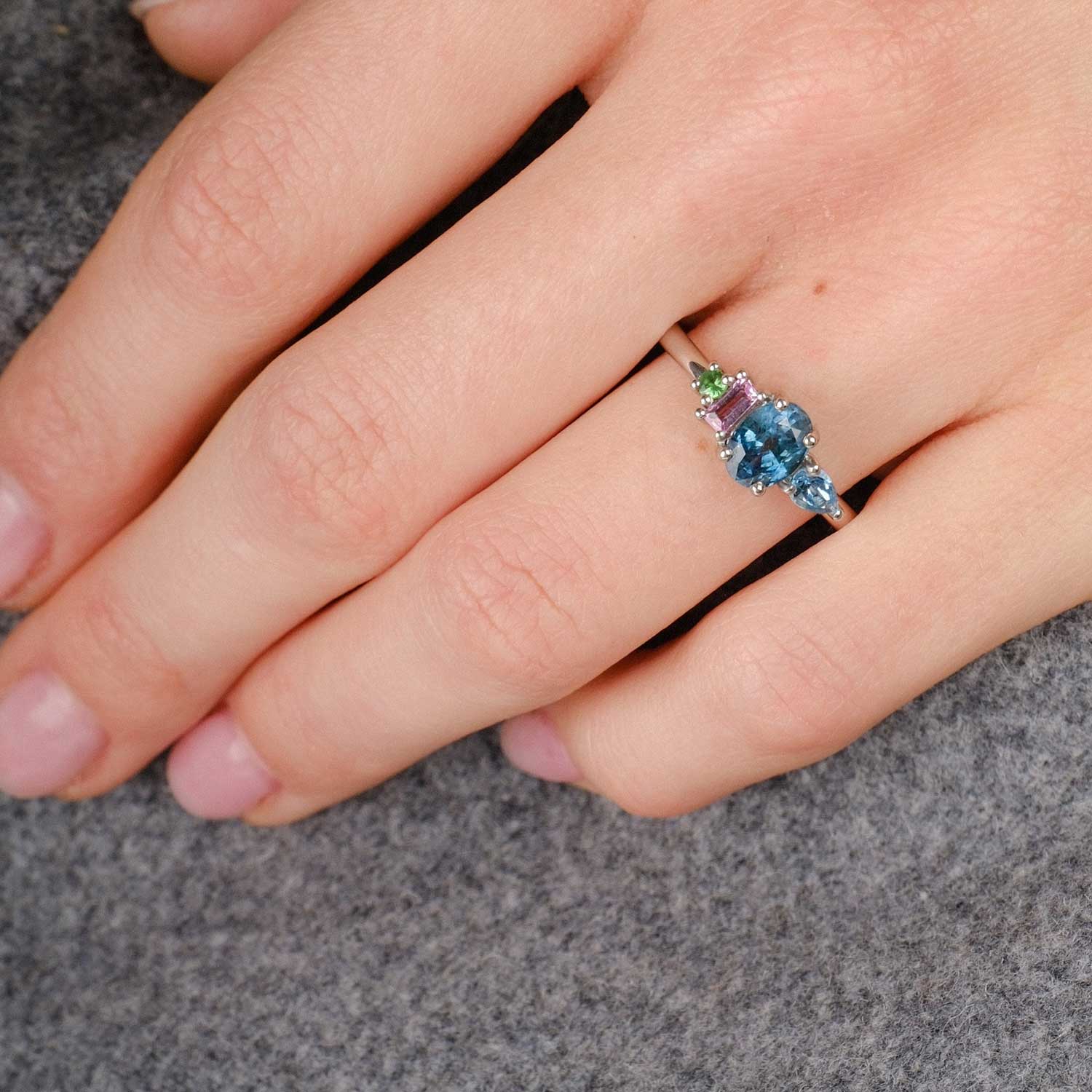 E.C.One ethical Large ELISE Platinum Ring with Oval Teal  Sapphire made in London in our B Corp workshop